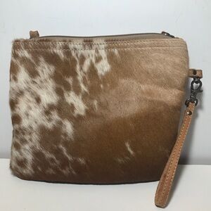 Myra Bag Cowhide With Calf Hair Wristlet Clutch Crossbody Bag Brown/Cream